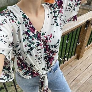 White floral tie front blouse top